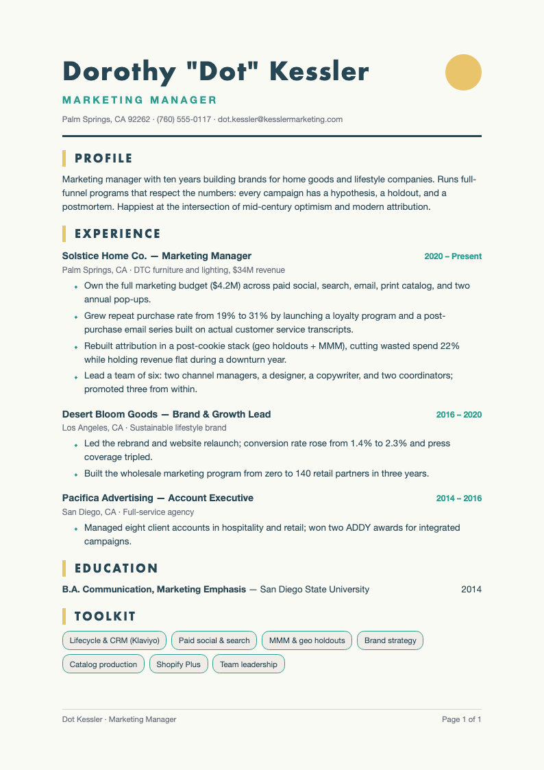 Mid century modern resume - A mid-century modern Resume template with teal and mustard accents, a sun-disc masthead, and atomic-age optimism for seasoned marketing managers.